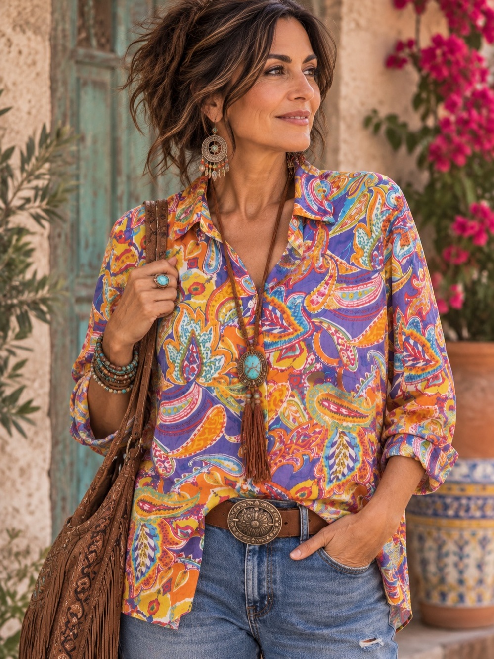 Vintage Lauren Ralph Lauren Paisley Button-Down Multicolor Blouse, Size 1X